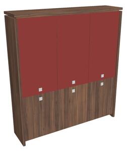 Vysoká skriňa Verno 188 x 46 x 210 cm, kombinované dvere, orech / červená
