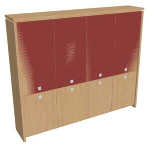Vysoká skriňa Verno 248 x 46 x 210 cm, kombinované dvere, dub svetlý / červená