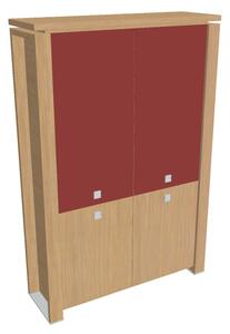 Vysoká skriňa Verno+ 140 x 46 x 210 cm, kombinované dvere, dub svetlý / červená