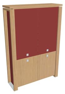 Vysoká skriňa Verno+ S 140 x 46 x 210 cm, kombinované dvere, dub svetlý / červená