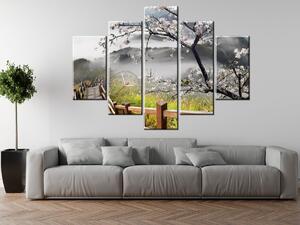 Obraz s hodinami Kvitnúca višňa - 5 dielny Rozmery: 150 x 70 cm