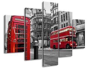Obraz s hodinami Telefónna búdka v Londýne UK - 5 dielny Rozmery: 150 x 105 cm