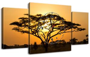 Obraz s hodinami Akácia v Serengeti - 3 dielny Rozmery: 80 x 40 cm