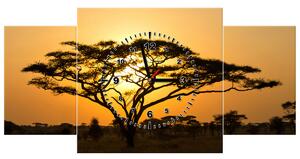 Obraz s hodinami Akácia v Serengeti - 3 dielny Rozmery: 90 x 30 cm