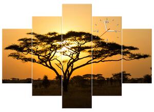 Obraz s hodinami Akácia v Serengeti - 5 dielny Rozmery: 150 x 70 cm