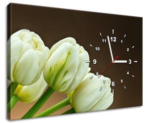 Obraz s hodinami Nádherné biele tulipány Rozmery: 100 x 40 cm