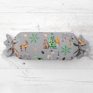 Biante Vianočný vankúš valec bonbon Sandra SA-509 Vianoční škriatkovia a ozdoby na sivom 15x40 cm