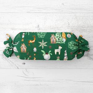 Biante Vianočný vankúš valec bonbon Sandra SA-508 Vianoční škriatkovia a ozdoby na zelenom 15x40 cm