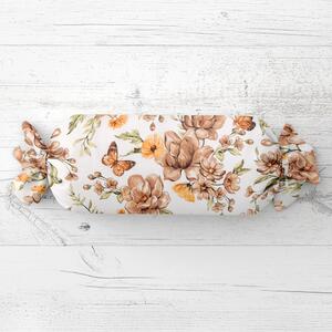 Biante Vankúš valec bonbon Sandra SA-458 Hnedé kvety magnólie s motýlikmi na bielom 15x40 cm