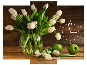 Obraz s hodinami Očarujúce biele tulipány - 3 dielny Rozmery: 90 x 70 cm