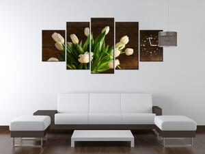 Obraz s hodinami Očarujúce biele tulipány - 5 dielny Rozmery: 150 x 105 cm