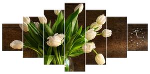 Obraz s hodinami Očarujúce biele tulipány - 7 dielny Rozmery: 210 x 100 cm