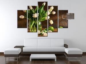Obraz s hodinami Očarujúce biele tulipány - 5 dielny Rozmery: 150 x 70 cm