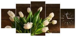 Obraz s hodinami Očarujúce biele tulipány - 5 dielny Rozmery: 150 x 105 cm