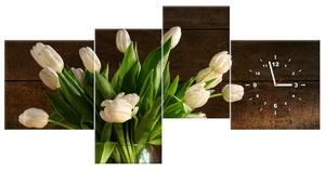 Obraz s hodinami Očarujúce biele tulipány - 4 dielny Rozmery: 120 x 80 cm