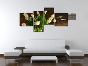 Obraz s hodinami Očarujúce biele tulipány - 4 dielny Rozmery: 120 x 80 cm