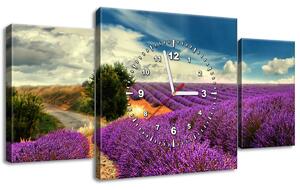 Obraz s hodinami Čarovná levanduľová krajina - 3 dielny Rozmery: 90 x 30 cm