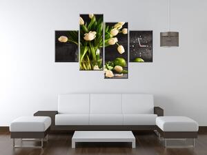 Gario 4 dielny obraz s hodinami Krémové tulipány Veľkosť: 120 x 80 cm