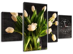 Gario 4 dielny obraz s hodinami Krémové tulipány Veľkosť: 120 x 80 cm