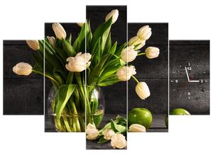 Gario 5 dielny obraz s hodinami Krémové tulipány Veľkosť: 150 x 105 cm