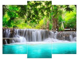 Obraz s hodinami Nádherný vodopád v Thajsku - 3 dielny Rozmery: 90 x 30 cm