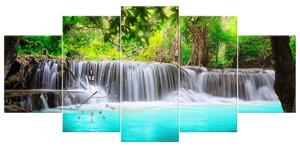 Obraz s hodinami Nádherný vodopád v Thajsku - 5 dielny Rozmery: 150 x 70 cm