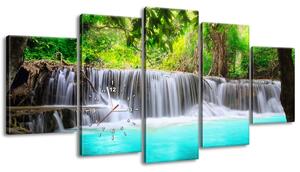 Obraz s hodinami Nádherný vodopád v Thajsku - 5 dielny Rozmery: 150 x 70 cm