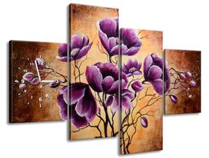 Gario 4 dielny obraz s hodinami Rastúce fialové kvety Veľkosť: 120 x 70 cm