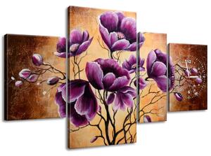 Gario 4 dielny obraz s hodinami Rastúce fialové kvety Veľkosť: 120 x 70 cm