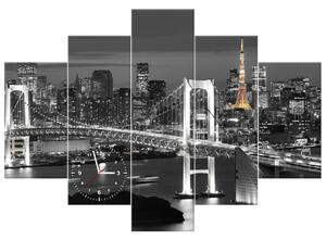 Obraz s hodinami Most Tokyo Bay - 5 dielny Rozmery: 150 x 70 cm