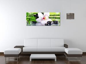 Obraz s hodinami Biela orchidea a kamene Rozmery: 100 x 40 cm