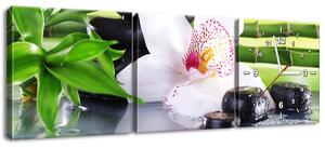 Obraz s hodinami Biela orchidea a kamene - 3 dielny Rozmery: 90 x 30 cm