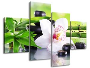 Obraz s hodinami Biela orchidea a kamene - 4 dielny Rozmery: 120 x 80 cm