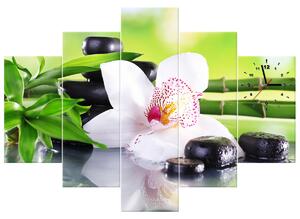 Obraz s hodinami Biela orchidea a kamene - 5 dielny Rozmery: 150 x 70 cm