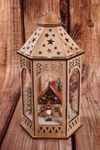 Drevený lampáš - Vianočná dedinka s LED osvetlením - naturálny 3. (16x14x29cm)