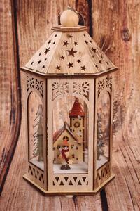 Drevený lampáš - Vianočná dedinka s LED osvetlením - naturálny 2. (16x14x29cm)
