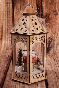 Drevený lampáš - Vianočná dedinka s LED osvetlením - naturálny 3. (16x14x29cm)
