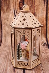 Drevený lampáš - Vianočná dedinka s LED osvetlením - naturálny 1. (16x14x29cm)