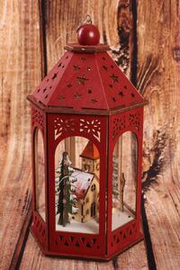 Drevený lampáš - Vianočná dedinka s LED osvetlením - červený 2. (16x14x29cm)
