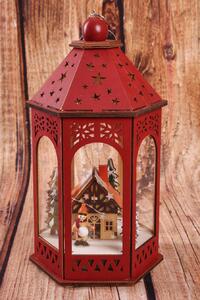 Drevený lampáš - Vianočná dedinka s LED osvetlením - červený 3. (16x14x29cm)