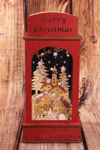 Drevený lampáš - Vianočná dedinka s LED osvetlením - červený 2. (15x15x32,5cm)