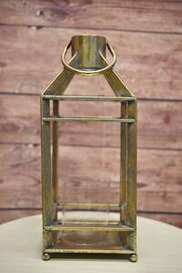Kovový lampáš so sklom (17x17x42,5cm) - zlatý - vidiecky štýl