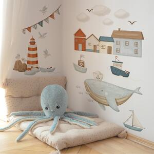 Detská nálepka na stenu Sea voyage - veľryba, loďky a domčeky