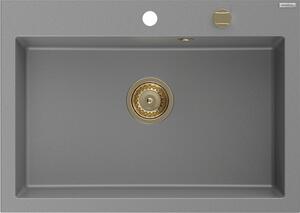 Mexen Elix, 1-korový granitový drez 700 x 500 mm, šedá, zlatý sifón, 6526701005-71-G