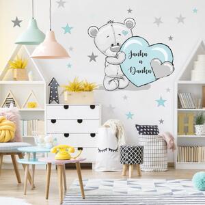 INSPIO-textilná prelepiteľná nálepka - Detské nálepky na stenu, mentolový medvedík s menom dieťaťa