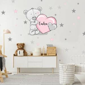 INSPIO-textilná prelepiteľná nálepka - Detská nálepka na stenu - pudrový macko s hviezdami