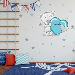 INSPIO-textilná prelepiteľná nálepka - Detské nálepky na stenu, modrý macko s hviezdami a menom