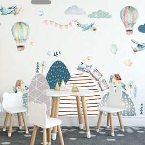 INSPIO-textilná prelepiteľná nálepka - Samolepky na stenu - Kopce, lietadlá, bálony a vláčik