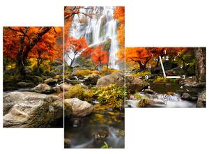 Obraz s hodinami Jesenný vodopád - 3 dielny Rozmery: 80 x 40 cm