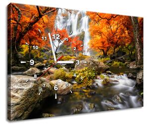 Obraz s hodinami Jesenný vodopád Rozmery: 100 x 40 cm